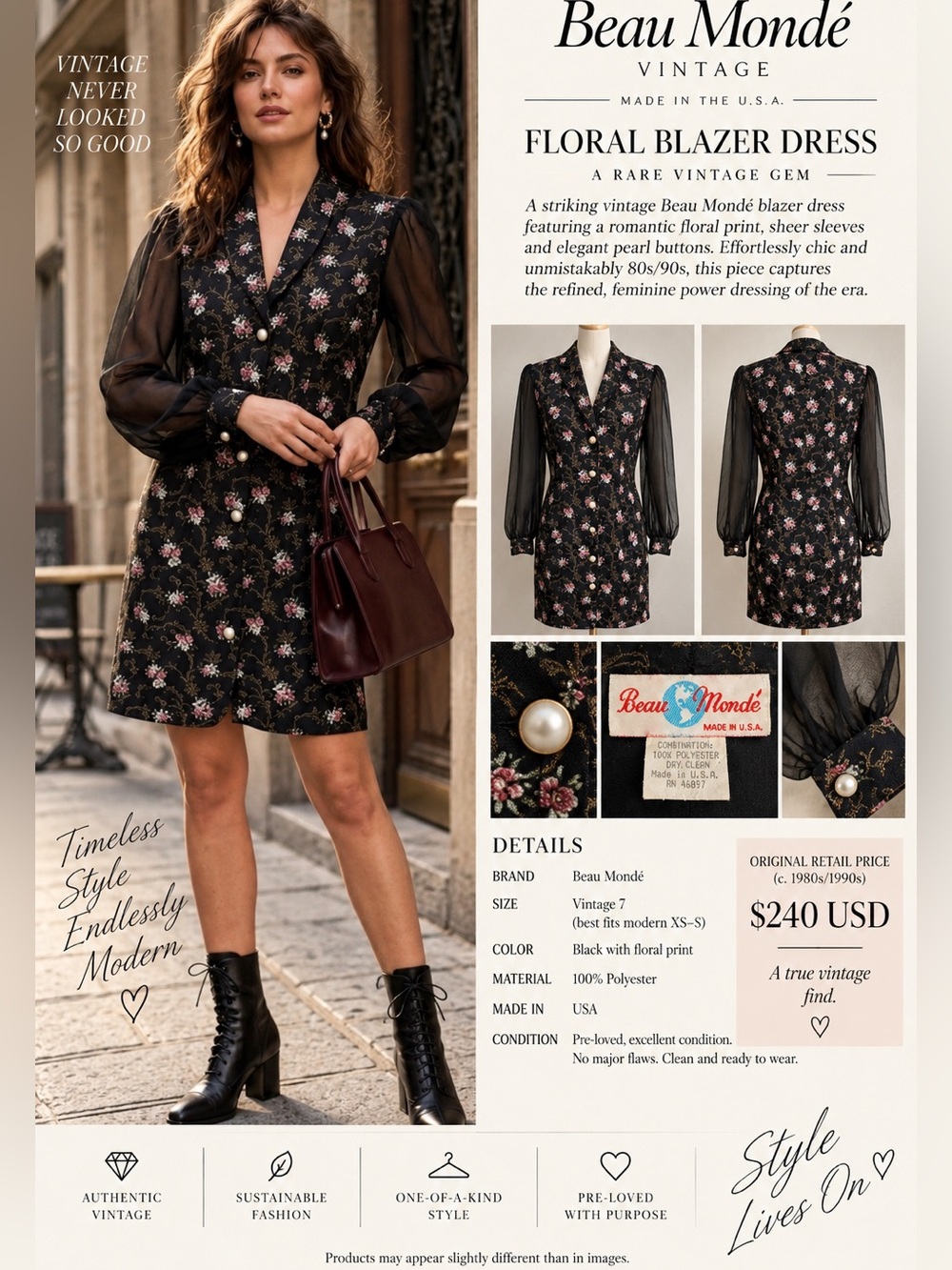 Vintage ‘80s Beau Mondé Floral Sheer Sleeve Blazer Dress w/ Pearl Buttons